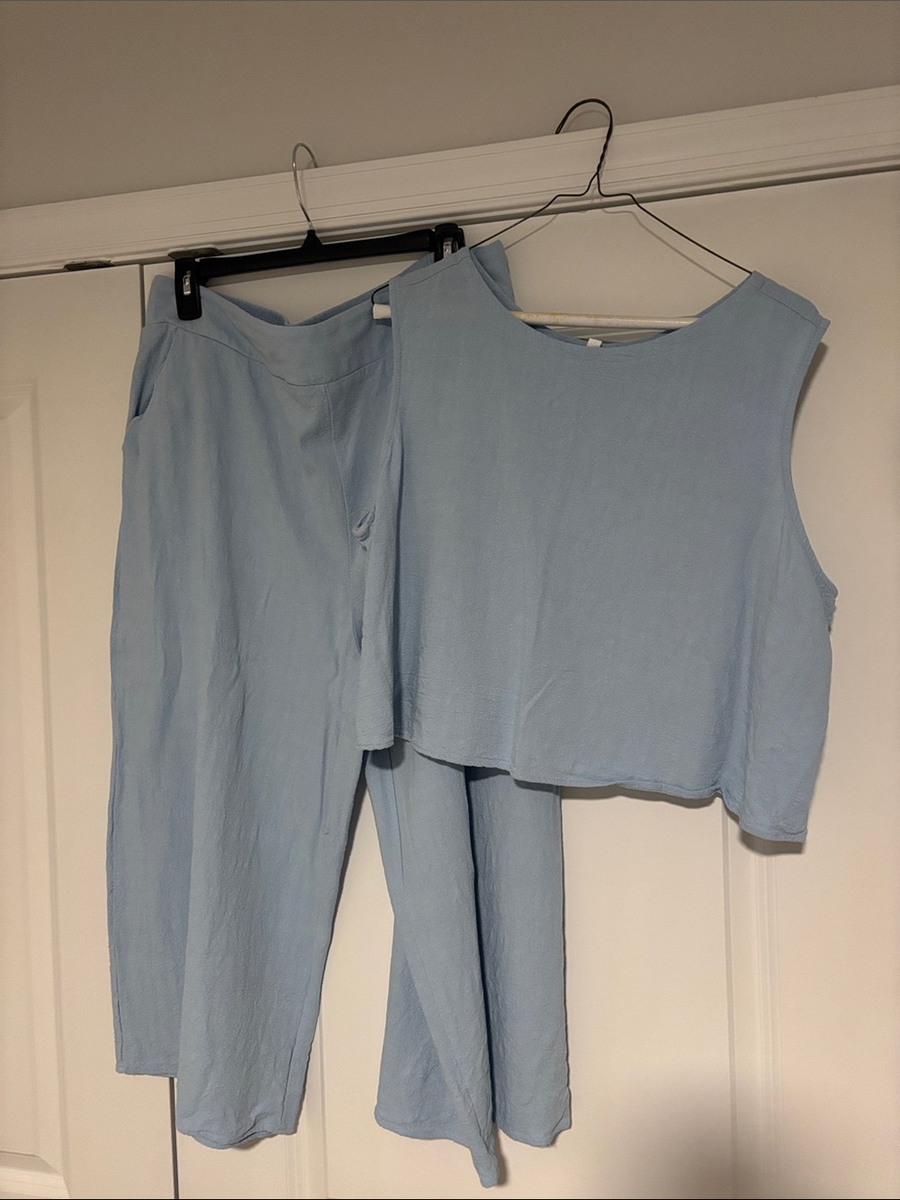 Women's Light Blue Wide Leg Pants and Sleeveless Crop Top Set